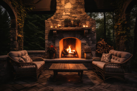 Glowing Ambiance: Captivating Outdoor Fireplace under the Night Sky (AR 3:2)の素材