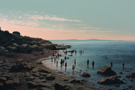 Capturing the Serene Beauty: People Gathering Near Shore in Stunning AR 3:2 Imageryの素材