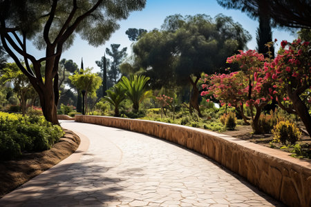 Journey through Nature: A Paved Pathway Amidst Lush Foliage and the Azure Skyの素材