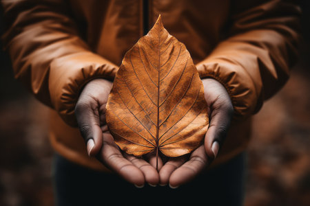 Natures Delicate Beauty: Capturing the Essence of a Person Holding a Brown Leaf --ar 3:2の素材