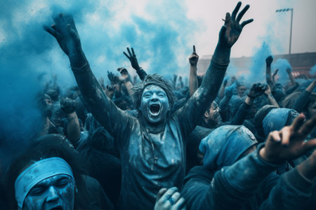 Vibrant Blue Skies: Capturing the Whimsical Moments of People Throwing Powder during the Daytimeの素材