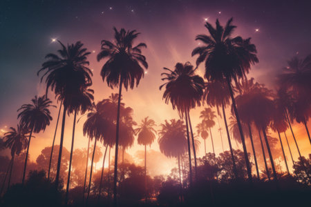 Immersive Tropical Nights: A Palm Tree Oasis Near Projection Screenの素材