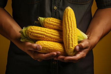 Golden Delight: Capturing the Beauty of a Person Holding a Yellow Cornの素材