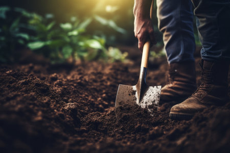 The Art of Gardening: A Person Unearthing the Soil with a Garden Shovelの素材