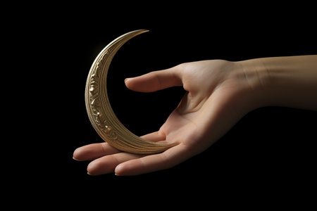 Enigmatic Encounter: Persons Hand Reaching for the Crescent Moonの素材
