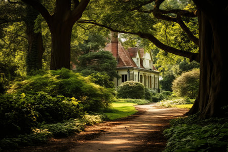 Natures Guiding Path: A Serene Journey Amidst Trees Leading to Homeの素材