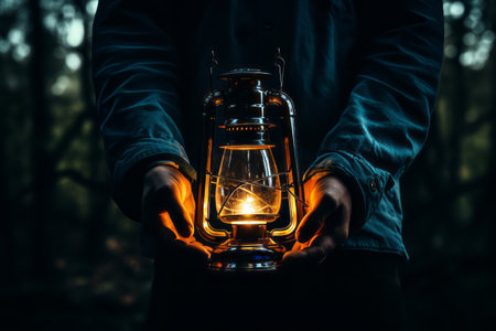 Captivating Glow: A Person Grasping a Kerosene Lantern in AR 3:2の素材