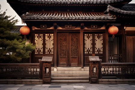 Enchanting Oriental Wooden House: Illuminated by Streetlight - AR 3:2の素材