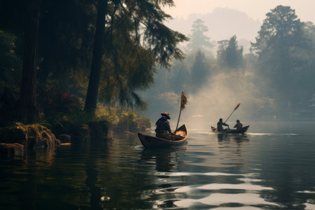 Serene Lake Gliders: Captivating Moments of Boat Riding Blissの素材