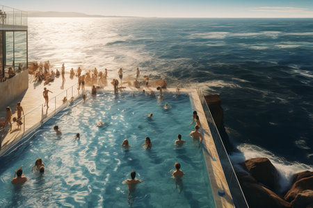 Coastal Bliss: A Captivating Scene of People Enjoying a Sea-side Poolの素材
