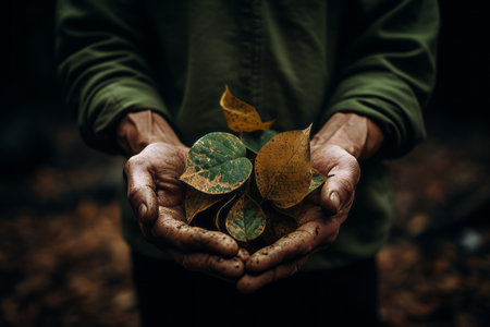 Natures Grasp: A Captivating Image of a Person Holding Leaves --ar 3:2の素材