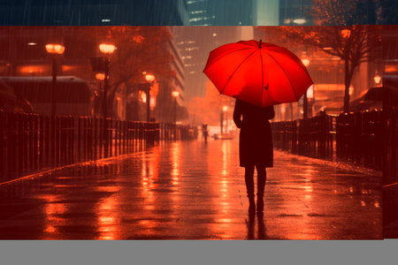 Crimson Guardian: A Person Braving the Streets with their Red Umbrella --ar 3:2の素材