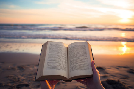The Serene Reader: Person Holding a Book at the Beach --ar 3:2の素材