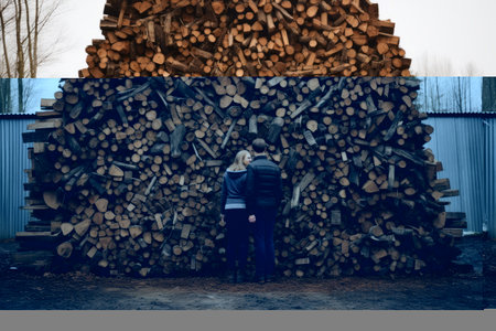 Wood Pile Watch: People Standing Tall in Front of Timber Stacks - AR 3:2の素材