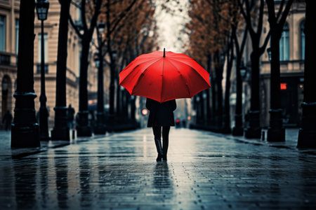 Vibrant Scene: The Person with Red Umbrella Strolling down the Streetの素材