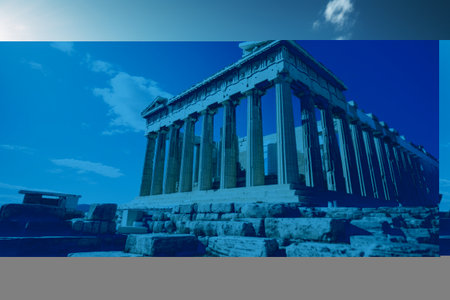 Greek Grandeur in a Captivating Daylight: Low Angle Shot of the Parthenon at 3:2 Aspect Ratioの素材