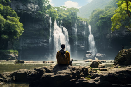 Serene Solitude: Captivating Waterfalls and a lone figure on a Rockの素材
