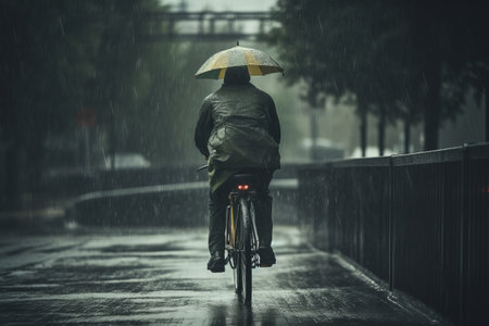 Embracing the Rain: A Stunning Portrait of a Cyclist Enduring the Storm --ar 3:2の素材