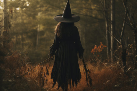 The Enchanting Encounter: A Person in Witch Costume Embraces the Mystical Woodsの素材