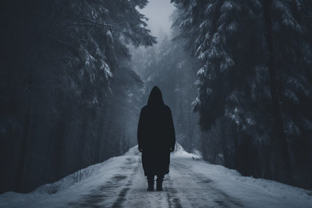 In the Shadows of Winter: A Figure Clad in a Black Hoodie Strolls Along a Snowy Path Surrounded by Tの素材