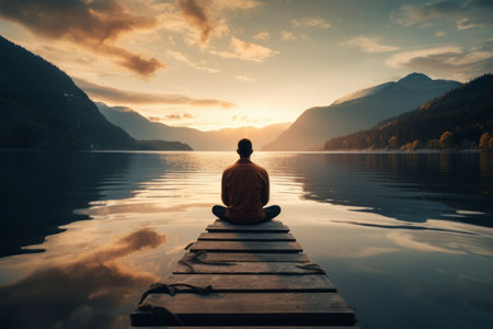 Serene Reflections: A Person Sitting by the Waters Edgeの素材