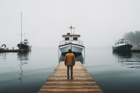 Picturesque Scene: A Person Serenely Standing on the Dock, Sharing Moments with a Beautiful Boat --の素材
