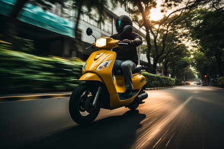Emerging in Style: A Person Riding the Vibrant Yellow Motor Scooter on the Roadの素材