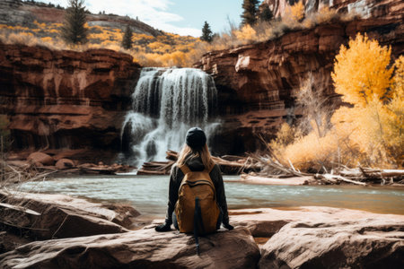 Tranquil Serenity: A Person Enjoys the Waterfalls from a Rockの素材
