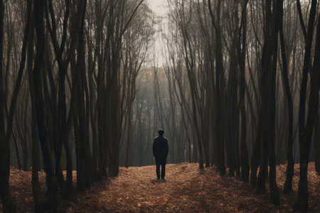 Captivating View of a Figure Amidst Tall Trees --ar 3:2の素材