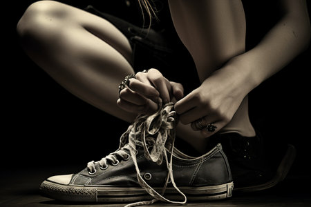 Stepping into Style: An Artful Shot of a Person Tying Lace of Shoesの素材