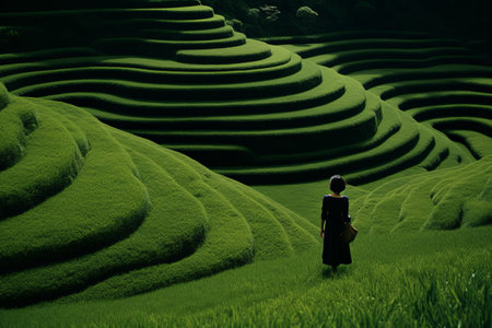 Harmony in Motion: A Serene Figure Amidst Lush Green Terracesの素材