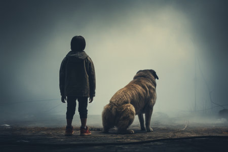 Serene Harmony: A Person and their Canine Companion on the Shorelineの素材