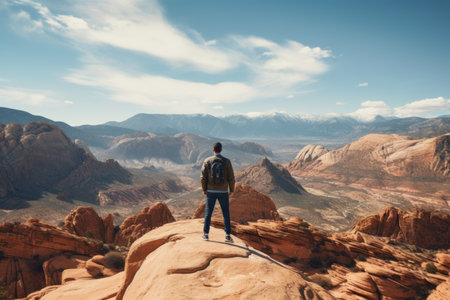 Solitude Amidst Majestic Peaks: A Person on Brown Rock Formation Gazing at Mountain Rangeの素材