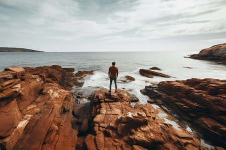 Natures Majestic Balance: Captivated by a Person on a Brown Rock Formation Overlooking a Tranquil Bの素材