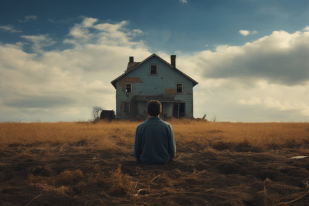 Solitude Resides: A Person Sitting Serenely in Front of a Picture-Perfect House --AR 3:2の素材