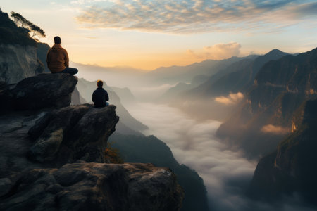 Solitude at the Summit: A Person Sitting on a Mountain Cliffの素材