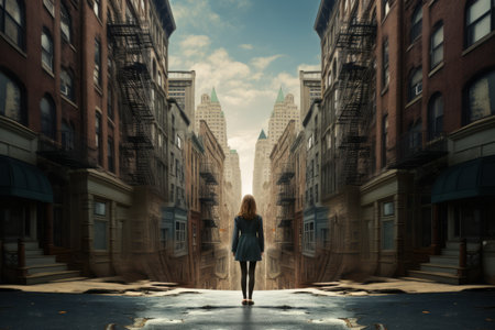 Urban Enigma: Capturing the Isolation of a Figure Standing Between Buildings --ar 3:2の素材