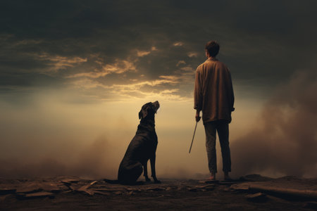 Unbreakable Bond: A Person and Their Loyal Dog by the Shorelineの素材