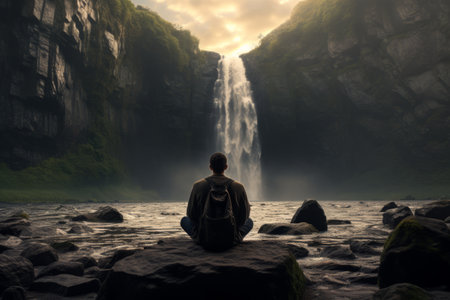 Serene Encounter: A Person Absorbed in Natures Beauty by the Waterfallsの素材