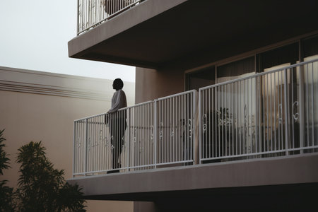 Captivated by the View: A Person Standing on Balcony --ar 3:2の素材