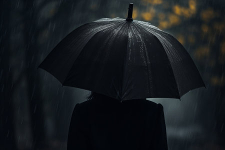 Intriguing Image: The Mysterious Figure with a Black Jacket and Black Umbrellaの素材