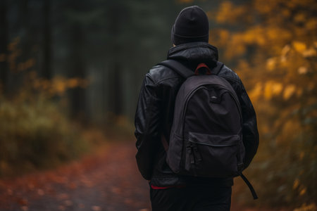 The Mysterious Wanderer: A Snapshot of a Person Wearing a Black Jacket and Black Knit Cap while Carrの素材