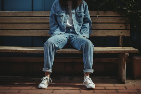 Beneath the Denim Canopy: A Serene Encounter at the Benchの素材