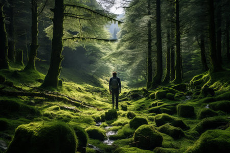 Natures Tranquil Escape: A Person Embracing the Green Canopy of Forest Treesの素材