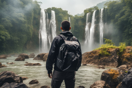 Mysterious Adventurer Gazing at Majestic Waterfalls with Black Backpackの素材