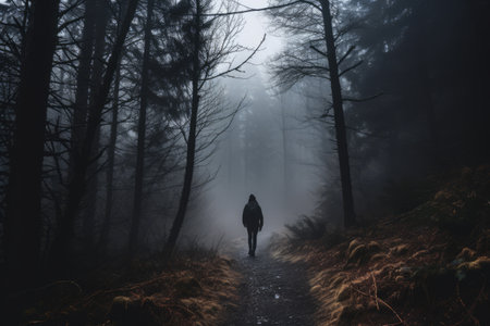 Mystical Journey: A Persons Walk Through a Foggy Forest -- ar 3:2の素材