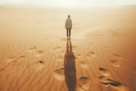 Solitude on the Shoreline: A Captivating Shot of a Person Standing on Sand -ar 3:2の素材