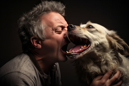 A Heartwarming Display of Affection: Mans Face Covered in Kisses from Beloved Pet Dogの素材