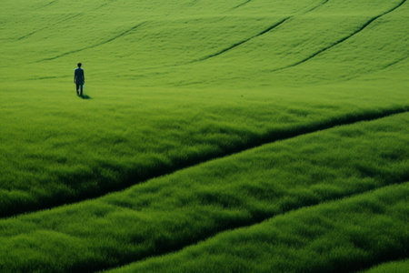 Exploring Serenity: A Person Strolling through a Lush Grass Field - AR 3:2の素材