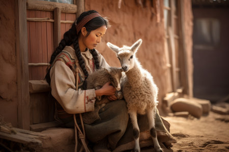 Endearing Scene: Peruvian Woman Tenderly Caresses Baby Llama in the Charming Courtyard of a Traditioの素材